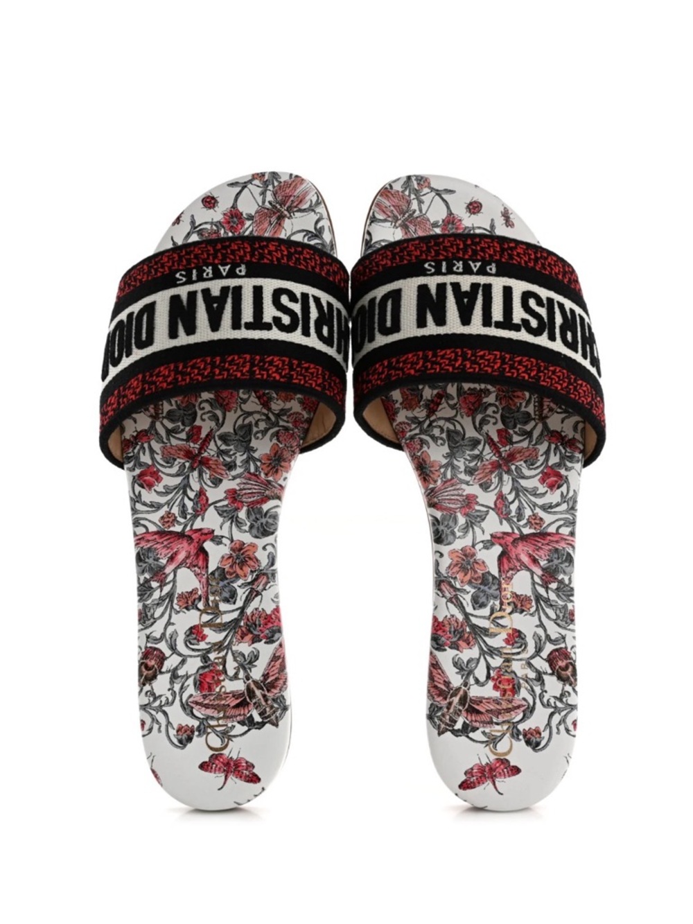 Dior White Slide Sandals with Red Floral Print and Black Logo Strap